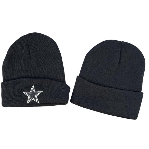 2 Mens Knit Caps 1 Star Embroidered 1 Solid Black Beanie Cuffed Winter Football - Picture 5 of 7